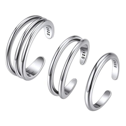 ChicSilver Toe Rings for Women 925 Sterling Silver Adjustable Toe Ring | 925 sterling silver, hypoallergenic for sensitive skin, adjustable open band, summer beach wear gift - color: L: Simple Rings Set (3PCS)