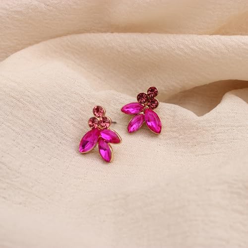 Bridal Wedding Crystal Leaf Choker Necklace Dangle Earring Bracelet Brides Bridesmaid Jewelry Set for Women - color: Fuchsia-Gold Plated