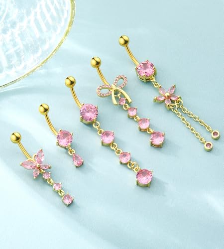 BSJ4U Belly Button Rings Gold Plated Silver Pink Clear CZ Belly Rings for Women Heart Bow Flower Butterfly Teardrop Dangle Navel Belly Button Piercing Jewelry - color: Gold Plated Pink Dangle Belly Button Rings