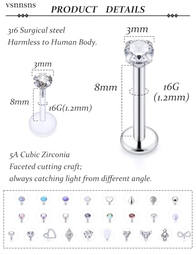Vsnnsns 16G Lip Rings Stainless Steel Tragus Helix Conch Piercing Jewelry Snake Bite Piercing Monroe Lip Rings Labret Medusa Cartilage Lobe Earrings Studs Piercing Jewelry 6MM 8MM 10MM Silver 28PCS - style: 16G, 8MM