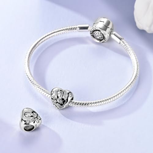 Hapour 925 Sterling Silver Charm for Bracelet Necklace Women Pendant Beads | Virgin Mary Charm, Religious Cross Heart Dragon European Jewelry Mom Charm - color: Silver Madonna of Mercy Heart-shaped