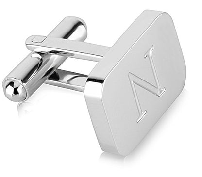 18K White-Gold Plated Initial Engraved Stainless Steel Men’s Cufflinks With Gift Box -Personalized Alphabet Letter’s A-Z By Lux & Pair - style: N- White Gold