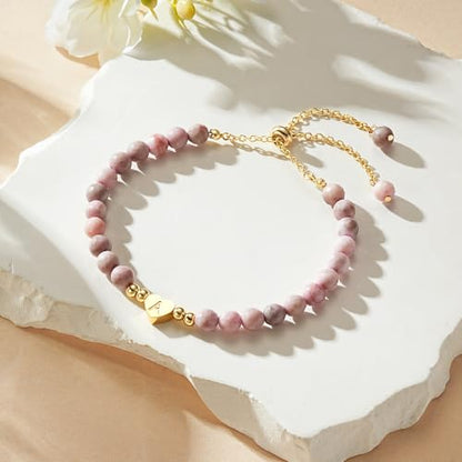 Ritach Initial Bracelets for Girls Kids - Pink Zebra Natural Stone Disc/Heart Initial Bracelet Adjustable Gold/Silver Beaded Bracelets for Girls Kids Teen Girl Jewelry Birthday Gifts - color: D-Heart