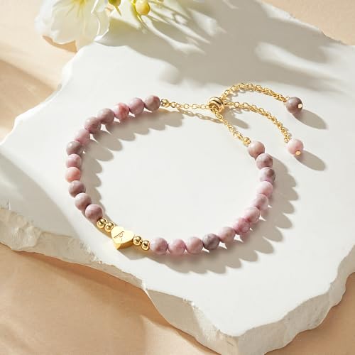 Ritach Initial Bracelets for Girls Kids - Pink Zebra Natural Stone Disc/Heart Initial Bracelet Adjustable Gold/Silver Beaded Bracelets for Girls Kids Teen Girl Jewelry Birthday Gifts - color: E-Heart