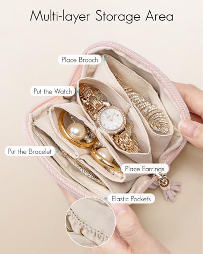 VLANDO Small Travel Jewelry Case,Velvet Pouch Bags with Zipper,Pearl Pink | Travel Essentials,PU Leather Organizer with 5 Divided Sections,Carry-On Totes,Gift for Birthday,Bride,Bridesmaid,Women,Girls - color: B.Pearl Pink