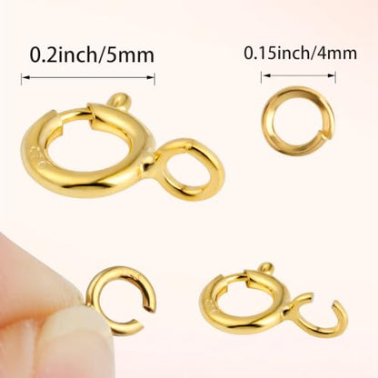 18K Gold Necklace Clasps for Jewelry Making - 5mm Spring Ring Clasps | Jewelry Clasps and Closures, 4mm Sterling Silver Jump Rings, Bracelet for DIY Jewelry Making Supplies - color: Gold