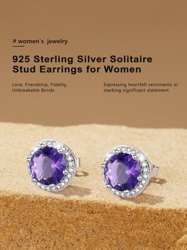 Bestyle Authentic 925 Sterling Silver 2 Carat Birthstone Earrings for Women, More Sparkle Heart/Round Solitaire Diamond Studs Earrings, Great Birthday/Christmas/Anniversary Jewelry for Wife Mother - color: 02. Feb. Amethyst-Round