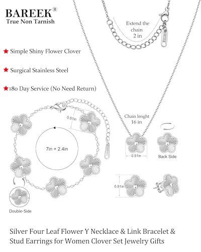Clover Jewelry Set 3 PC - 18K Gold Plated Stainless Steel Y Necklace Four Leaf Pendant, Clover Link Bracelet Charm, Flower Earrings, Hypoallergenic Non-Tarnish,Simple Luxury Lucky Gifts for Women - color: Silver