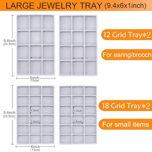 Set of 8 Stackable Jewelry Organizer X-Large Velvet Jewellry Trays Jewelryy Drawer Inserts, Earring Ring Brooch Necklace Bracelet Watch Display Plate with Removable Dividers - color: GREY, size: X-Large