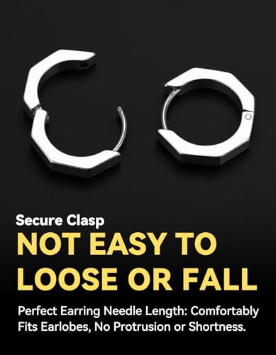 ChainsHouse Stud Earrings for Men Women,316L Stainless Steel/14K Gold/Black Plated Metal, Punk Hypoallergenic Surgical Huggie Hoop Earrings Mens Jewelry Piercing Hoop Earrings - style: E: Silver-Octagon(1 Pair)