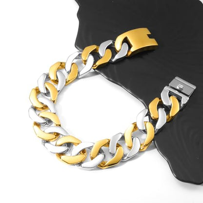 SDA Wide Chunky Gold Chain Necklace - Heavy and Waterproof 316L Surgical Steel with 18K Gold Plating for Modern Men and Women into Hip Hop Fashion - color: B115-Gold+White Gold