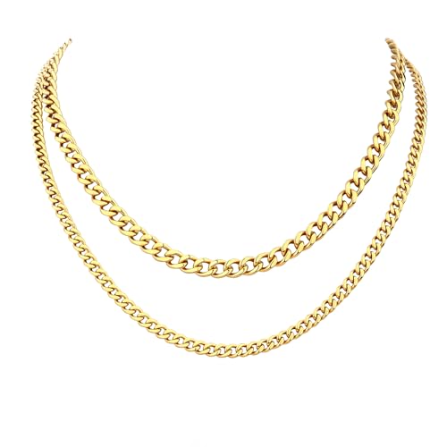 2PCS Cuban Link Chain Set for Men - Gold/Silver Plated Stainless Steel Layered Chain Necklace Non-Tarnish Jewelry Gift - color: Gold, size: 16inch+18inch