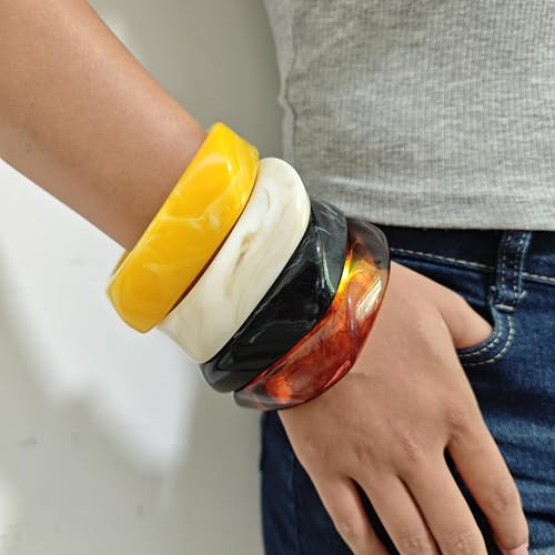 2PCS Chunky Acrylic Bracelet for Women Large Square Resin Cuff Vintage Open Bangle Bracelets Wide Geometric Jewelry - style: L-4PCS