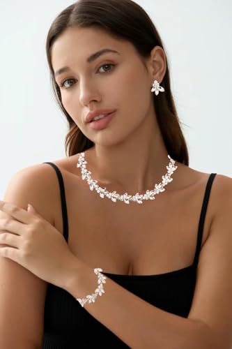 Bridal Wedding Crystal Leaf Choker Necklace Dangle Earring Bracelet Brides Bridesmaid Jewelry Set for Women - color: White-Gold Plated