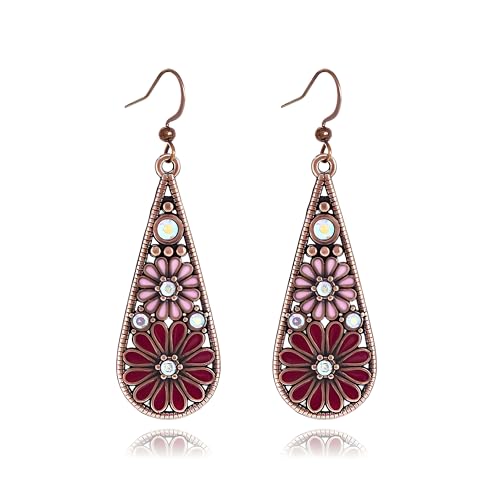 MALOYANVE Bohemian Crystal Teardrop Earrings for Women Vintage Tribal Geometric Enamel Rhinestone Hollow Flower Earring Handmade National Statement Jewelry Gift - color: Burgundy