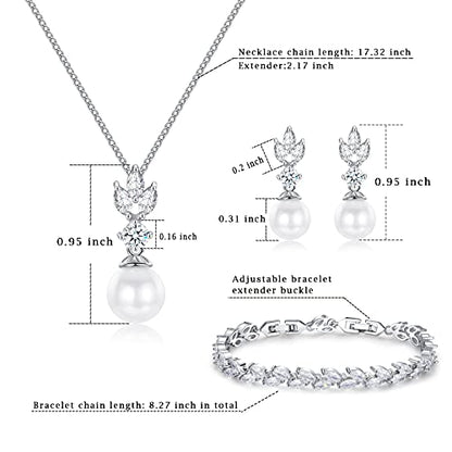 Wedding Jewelry for Bride Bridesmaid, Pearl Dangle Earrings and Pendant Necklace Set Bridal Jewelry for Promise Wedding Party - color: 5#Silver-2 Sets-Necklaces/Bracelets/Earrings