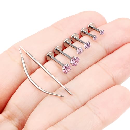 F136 Titanium 20/18/16G Earrings Nose Lip Rings Medusa Tragus Cartilage Helix Labret Flat Back Threadless Implant Grade Stud Piercing Jewelry for Women - color: Pink CZ, size: 16g*6/8/10mm*2/3/4mm