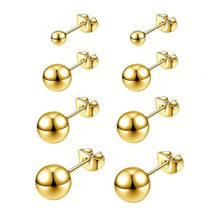3/4 Pairs Stainless Steel Ball Stud Earrings, High Polished Round Ball Earrings Set for Women & Men 4-10mm - color: Gold