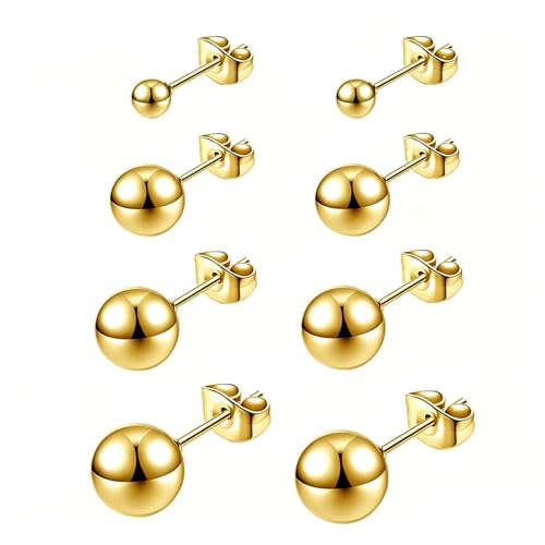 3/4 Pairs Stainless Steel Ball Stud Earrings, High Polished Round Ball Earrings Set for Women & Men 4-10mm - color: Gold