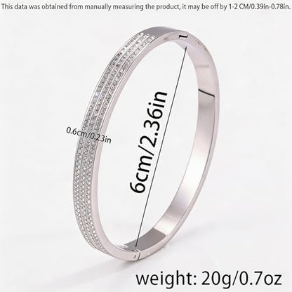 Triple-Row Rhinestone Hinged Bangle Bracelets fow Women；Sliver Plated Stainless Steel