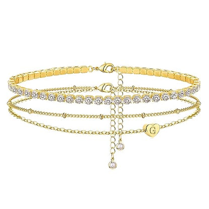 Yanoda Initial Ankle Bracelets for Women, 14K Gold Plated Waterproof Dainty Layered Heart Letter Initial Anklets Personalized Gifts - color: G