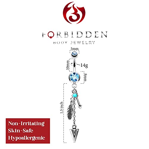 Forbidden Body Jewelry Surgical Steel Tribal Feather and Arrow Charms Synthetic Turquoise Dangle Belly Ring - color: Aqua