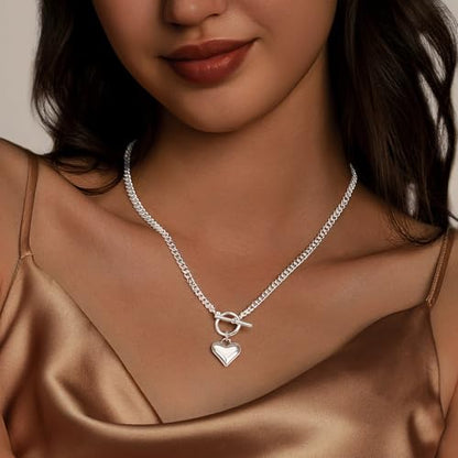 IMBOS 14K Gold Plated Chunky Chain Choker Necklaces for Women Chunky Gold Necklace Tennis Necklace for Women CZ Love Chain Cuban Link Choker Jewelry Gifts - color: Silver-Heart Necklace