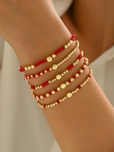 LOTSOF Bohemia Multilayer Beaded Bracelet Set, Turquoise Resin Colorful Surfer Heishi Style Elastic Spring Clasp Friendship Elastic Wristbands Summer Beach Boho Vacation Jewelry - color: Red