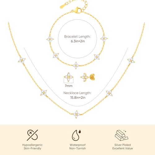 KSF CZ Clover Jewelry Set for Women Necklace Bracelet Earrings Birthday Gift - color: Gold-Clover
