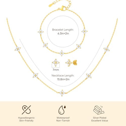KSF CZ Clover Jewelry Set for Women Necklace Bracelet Earrings Birthday Gift - color: Gold-Clover