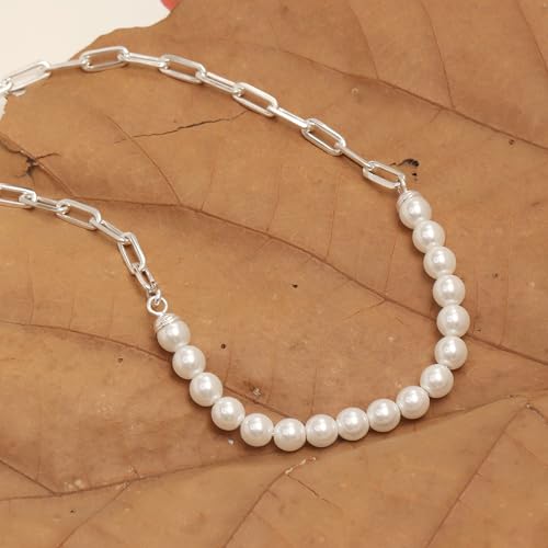 LeCalla 925 Sterling Silver Pearl Necklace Jewelry | Strand Wedding Prom Bridal Pearls Jewelry | Trendy Hypoallergenic Simulated Pearl Pendant Necklace for Women - color: PaperClip Pearl Necklace