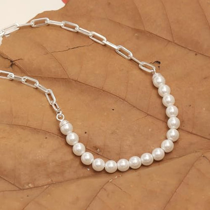 LeCalla 925 Sterling Silver Pearl Necklace Jewelry | Strand Wedding Prom Bridal Pearls Jewelry | Trendy Hypoallergenic Simulated Pearl Pendant Necklace for Women - color: PaperClip Pearl Necklace