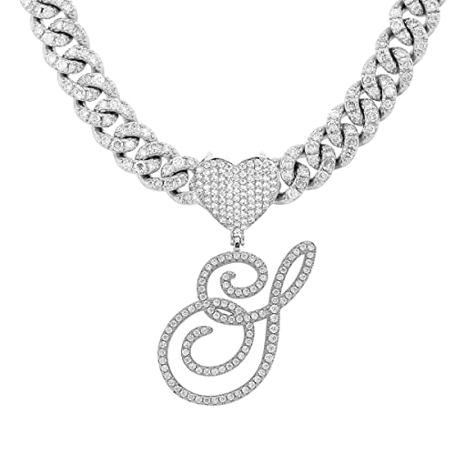 Initial Necklaces Silver Cuban Link Chain for Women Iced Out Chain with Heart Letter Pendants Custom Chain Name Necklace Hip Hop Jewelry Gift - color: S