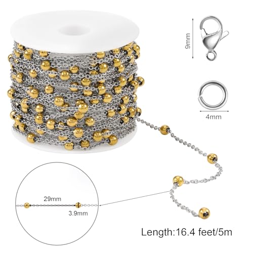 SMYHTGLIF 16.4 Stainless Steel Chain Gold Bead Chain for Jewelry Making | Cable DIY Craft Chain Bulk Roll Permanent Jewelry Making Supplies - color: Bead Gold