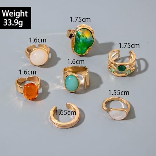 Chunky Gemstone Rings for Women Gold Silver Chunky Rings Set Adjustable Thick Statement Ring Trendy Fashion Silver Jewelry - style: Green