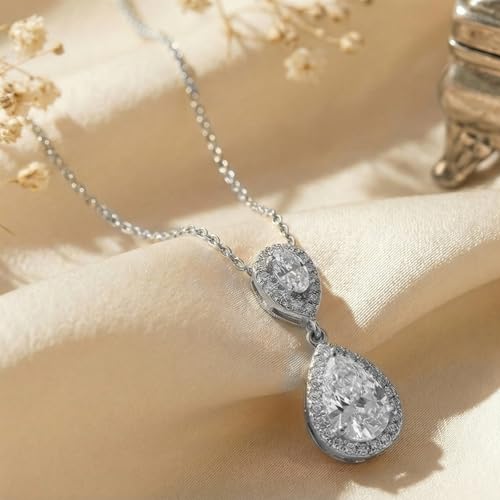 Mariell Cubic Zirconia Crystal Teardrop Bridal Wedding Pendant Necklace, Jewelry for Brides, Bridesmaids - color: Silver