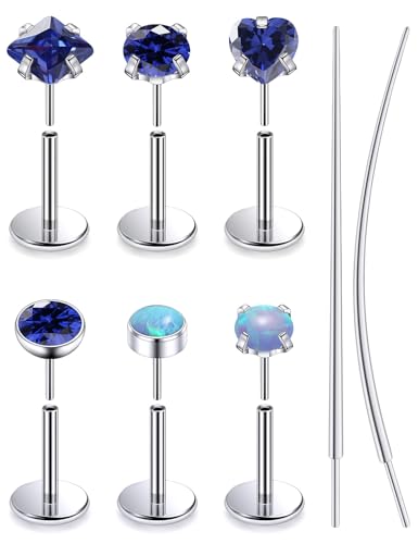 F136 Titanium 20/18/16g Internally Threaded Medusa Monroe Lip Ashley Labret Nose Rings Flat Back Tragus Helix Cartilage Conch Screw Stud Earrings Surgical Steel Piercing Jewelry for Women - color: Blue CZ, size: 20g*1/4in