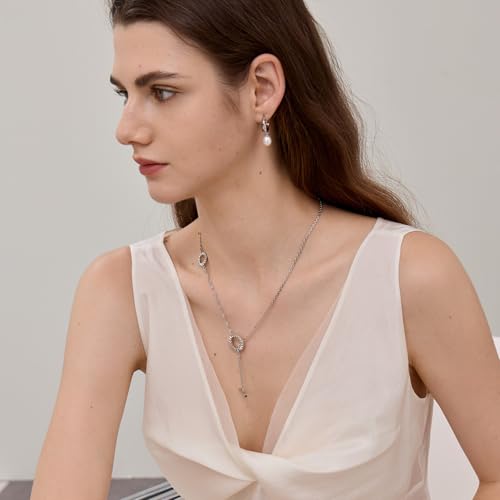 ARSIS Lariat Long Gold Necklace for Women, 18K Gold/Platinum Plated Y-Shaped Drop Dangle Pendant Necklace, Long Adjustable Pull Slider Chain Jewelry Gift for Her - color: Silver-OT clasp slider