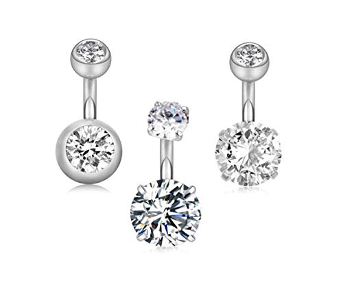 YHMM 14G 6mm Short Bar, 10mm Normal Bar Stainless Steel Belly Button Rings Round Cubic Zirconia Navel Barbell Stud Body Piercing - color: 6mm bar,3Pcs Silver