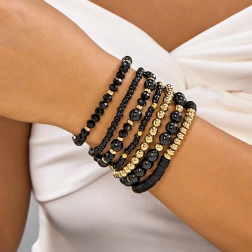FORUBUS 7Pcs Bohemian Multilayer Stackable Beaded Bracelets Set for Women, Crystal Glass Gold CCB Beads Stretch Bracelet Pack, Summer Beach Boho Jewelry Vacation Gifts - color: Black