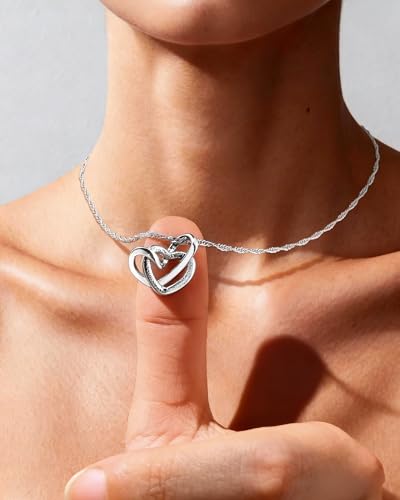 Silver Double Heart Pendant Necklace for Women Interlocking Heart Design with Twisted Rope Chain Dainty Jewelry Gift for Her