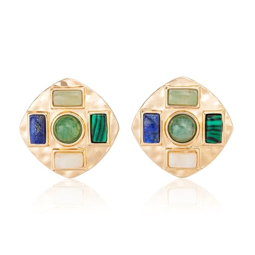 Geometric Large Stud Statement Earrings, Gold Tone Square Stud with Multi-Color Gemstone Design, Fashion Jewelry for Women - color: Cyan