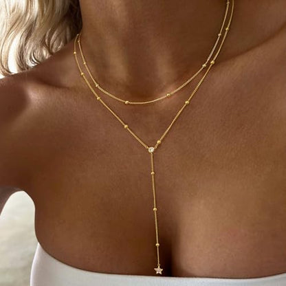 Layered Necklaces for Women,Dainty 14K Gold Plated Long Lariat Necklace Stack Simple Chain Pendant Necklace Fashion Accessories Long Necklaces for Women Trendy Gold Jewelry - color: star