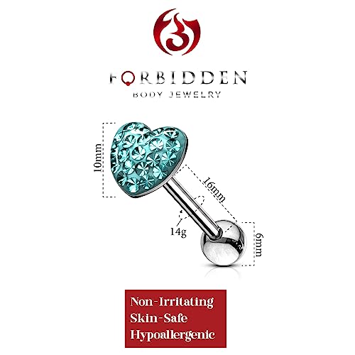 Forbidden Body Jewelry 14G 16mm (5/8 Inch) Surgical Steel Pave Crystalline Epoxy Heart Top Tongue Ring - style: Aqua Blue