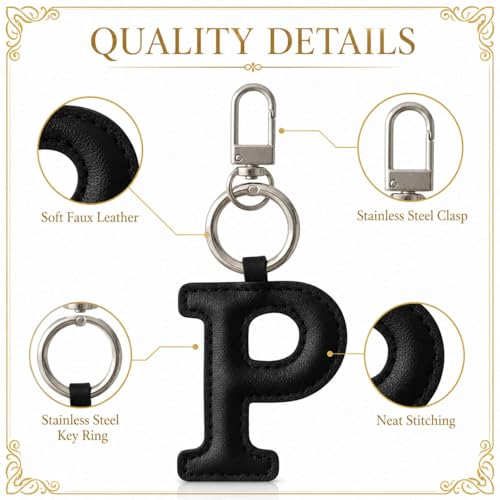 Initial Letter Keychain,Stainless Steel,Colorful Faux Leather Keyring for Backpack,Purse,Car Keys,Gift for Men Women - color: P