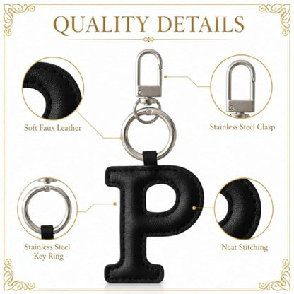 Initial Letter Keychain,Stainless Steel,Colorful Faux Leather Keyring for Backpack,Purse,Car Keys,Gift for Men Women - color: P