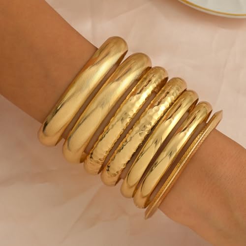 Gold Bangle Bracelets for Women, 14k Gold Plated Multi Layer Textured Stackable Open Bracelet Set Boho Indian Bangles Stackable Set Trendy Elegance Charms Non Tarnish Minimalist Bangle Pack - style: Gold 7PcsWide