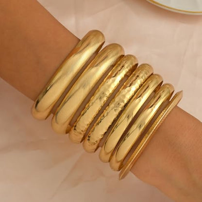 Gold Bangle Bracelets for Women, 14k Gold Plated Multi Layer Textured Stackable Open Bracelet Set Boho Indian Bangles Stackable Set Trendy Elegance Charms Non Tarnish Minimalist Bangle Pack - style: Gold 7PcsWide
