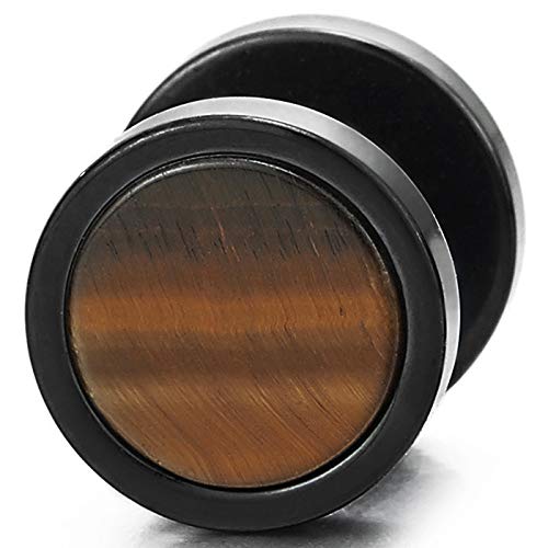 Mens Women Black Circle Stud Earrings with Stone Veins Acrylic, Steel Cheater Fake Ear Plugs Gauges