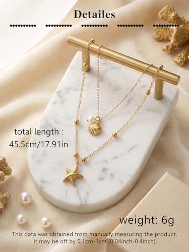 MODRSA Gold Stacked Layered Necklaces for Women Pearl Pendant Charm Cross Lariat Slip Shell Starfish Y Chain Necklace Adjustable Silver Boho Jewelry Gifts for Women Summer Vacation Beach Accessories - color: B1- Sea Shell Starfish - Gold